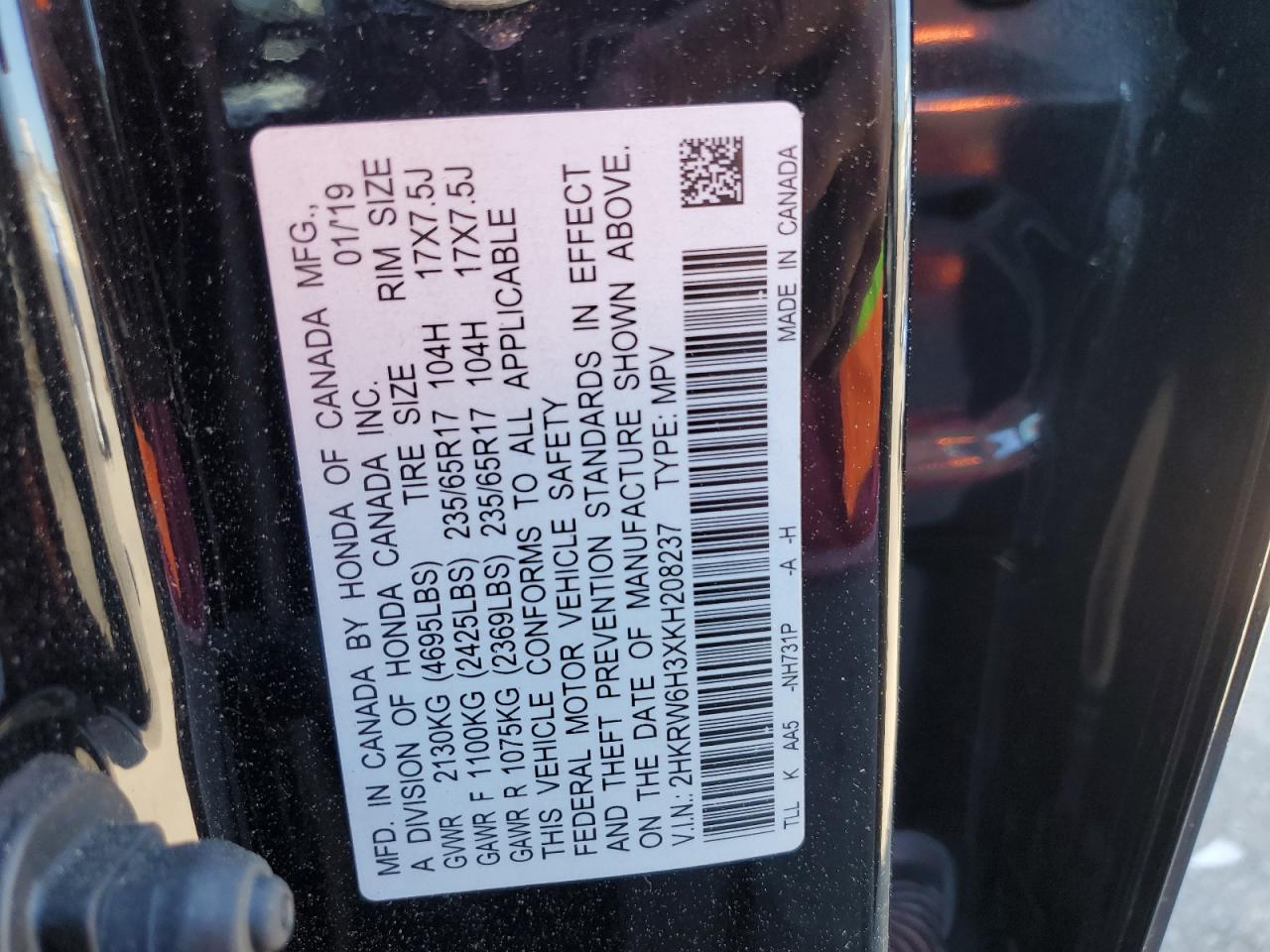 2HKRW6H3XKH208237 2019 Honda Cr-V Lx