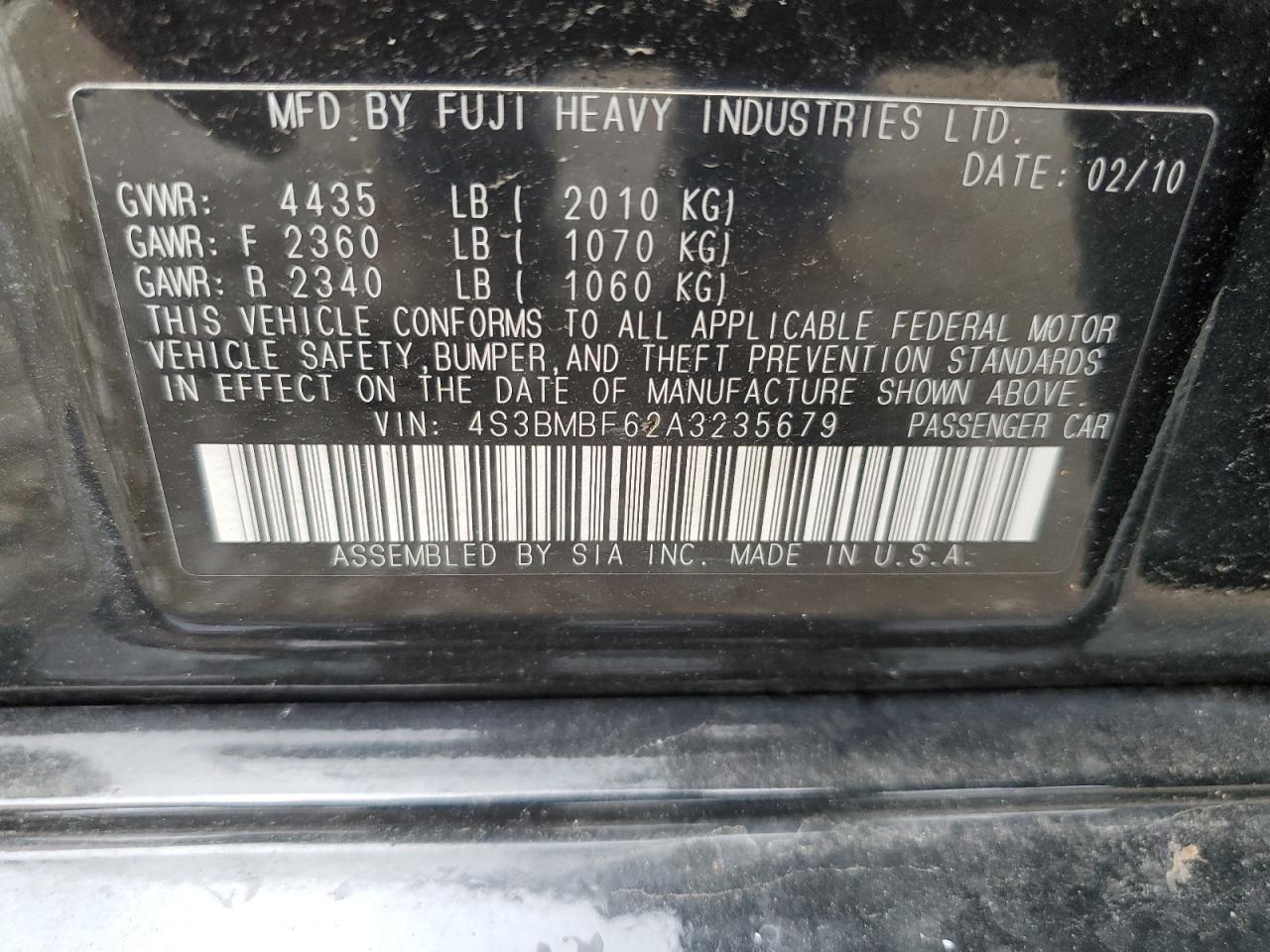 4S3BMBF62A3235679 2010 Subaru Legacy 2.5I Premium