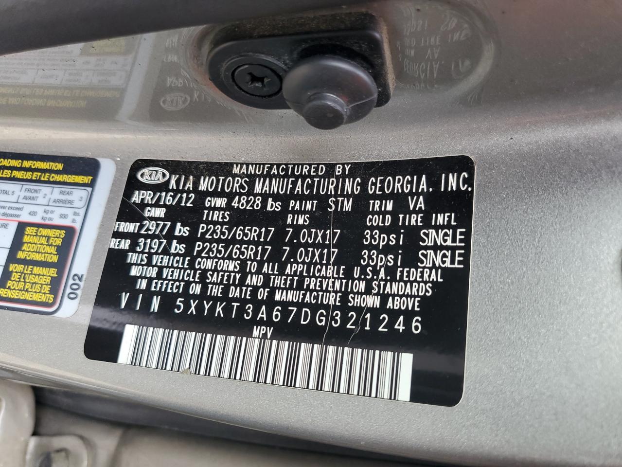 5XYKT3A67DG321246 2013 Kia Sorento Lx