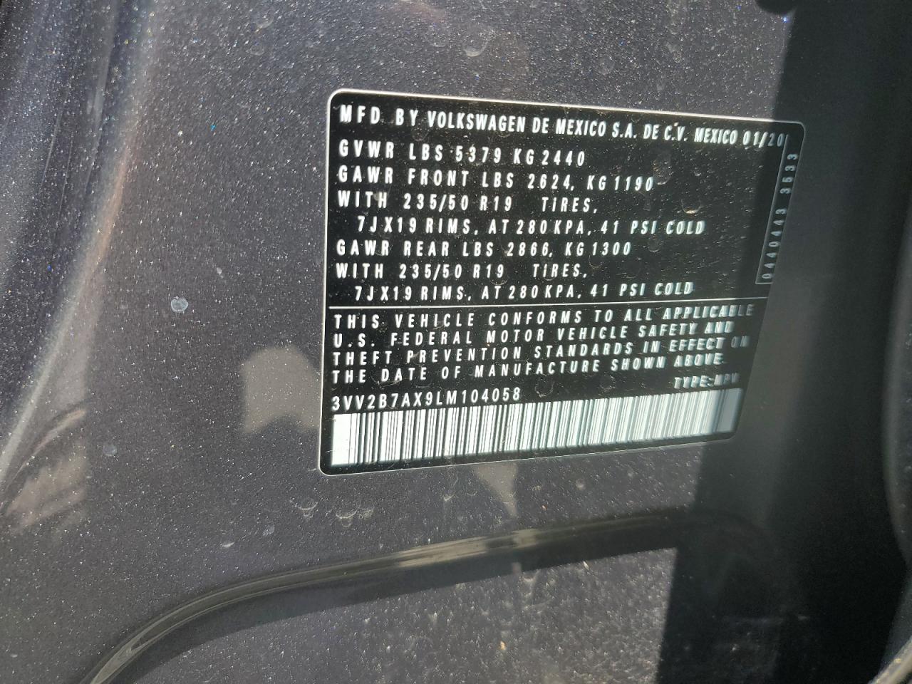 3VV2B7AX9LM104058 2020 Volkswagen Tiguan Se