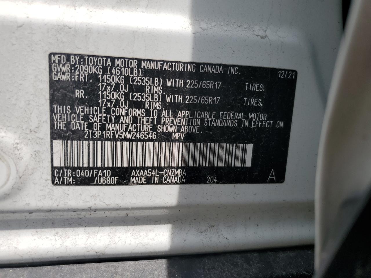 2T3P1RFV5MW246546 2021 Toyota Rav4 Xle