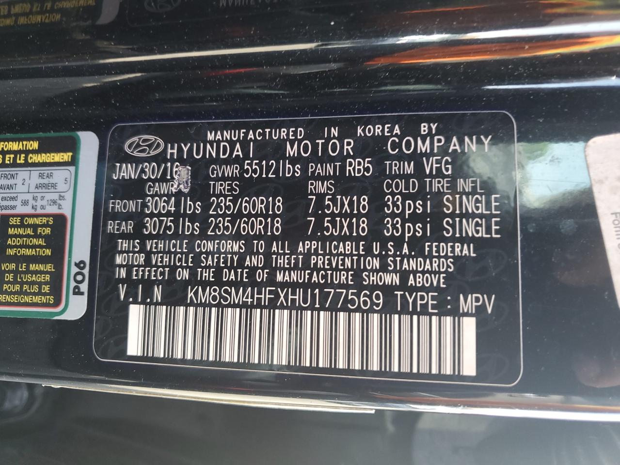 KM8SM4HFXHU177569 2017 Hyundai Santa Fe Se