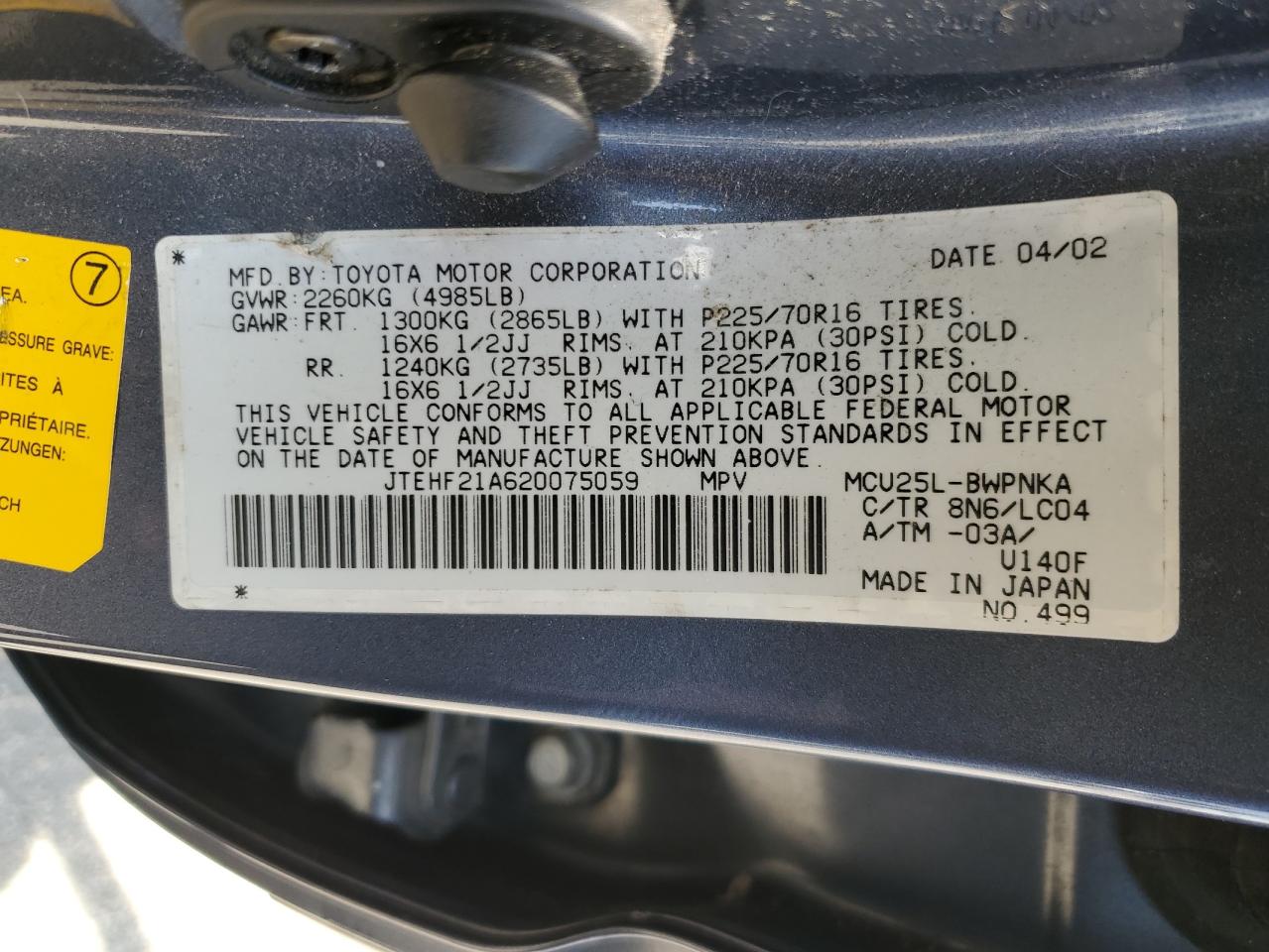 JTEHF21A620075059 2002 Toyota Highlander Limited