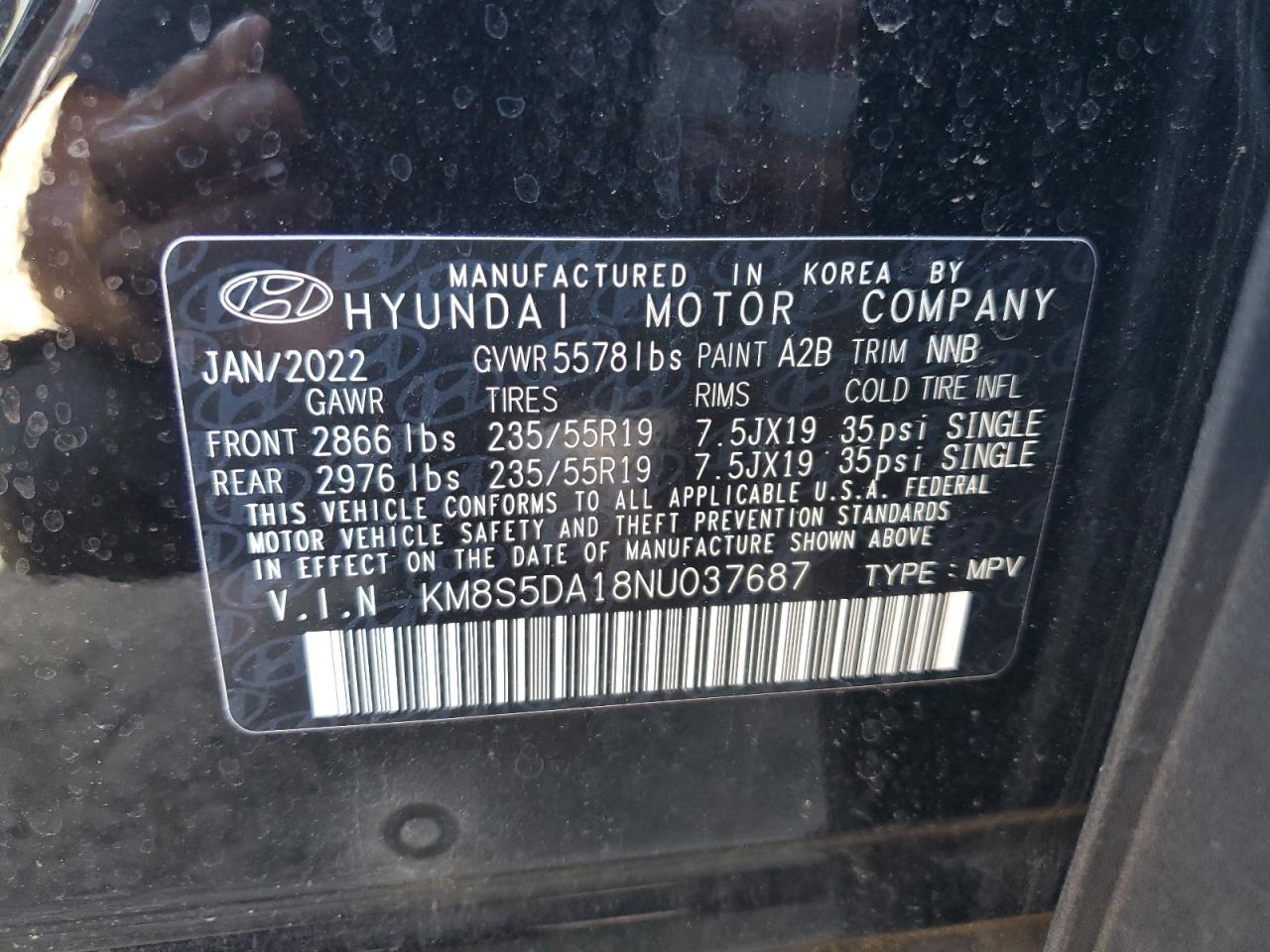 KM8S5DA18NU037687 2022 Hyundai Santa Fe Limited