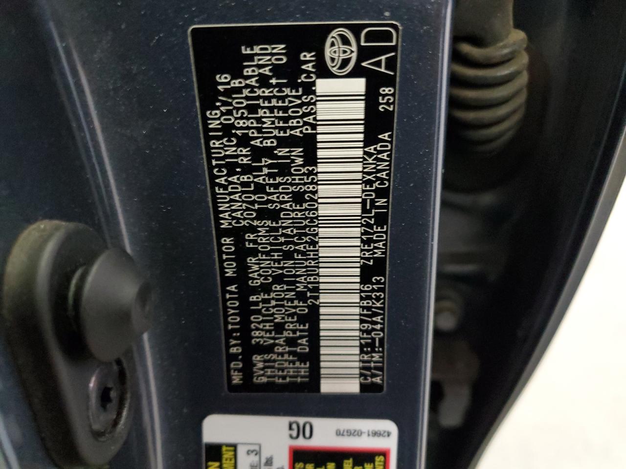 2T1BURHE2GC602853 2016 Toyota Corolla L