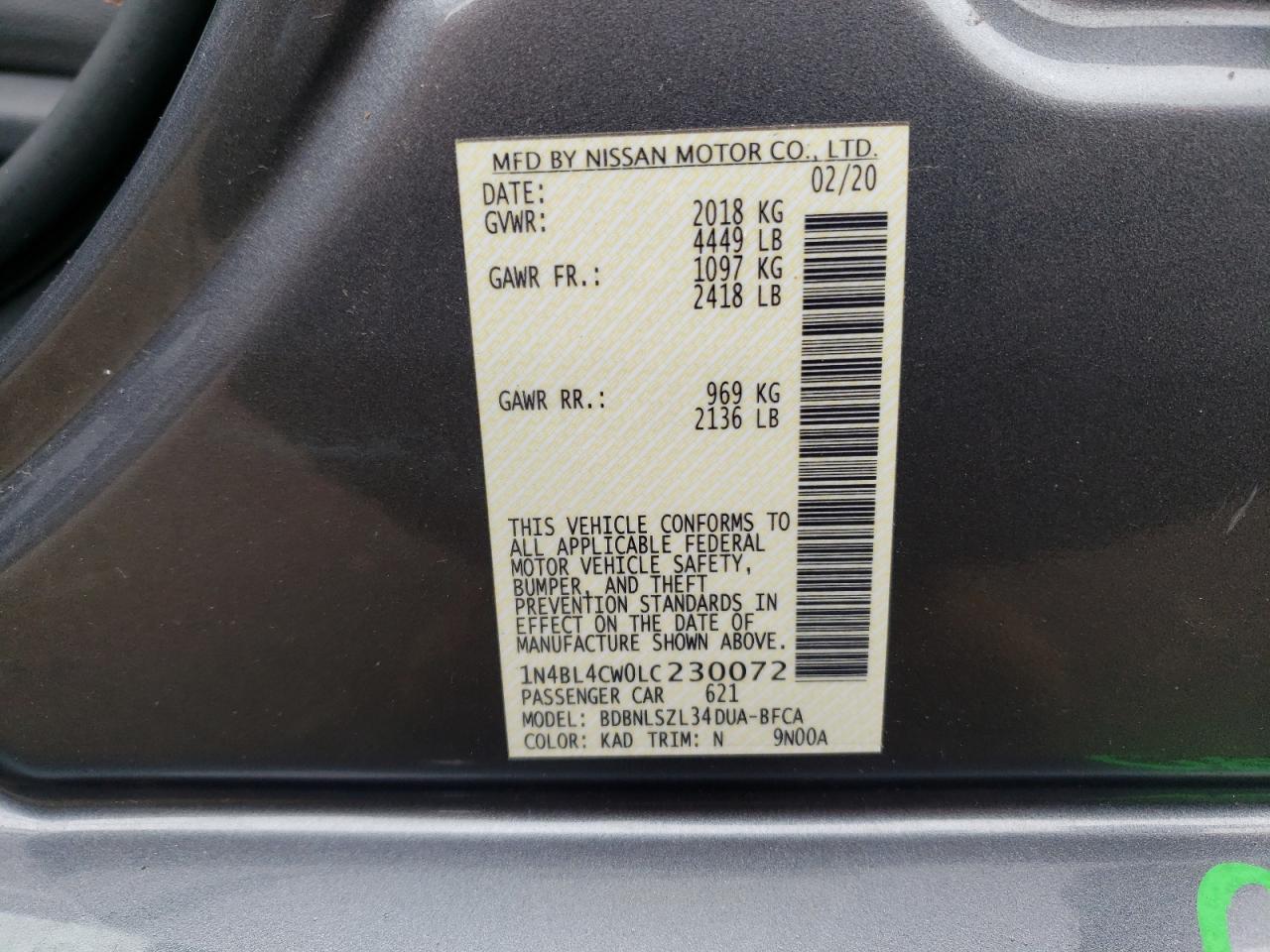 1N4BL4CW0LC230072 2020 Nissan Altima Sr