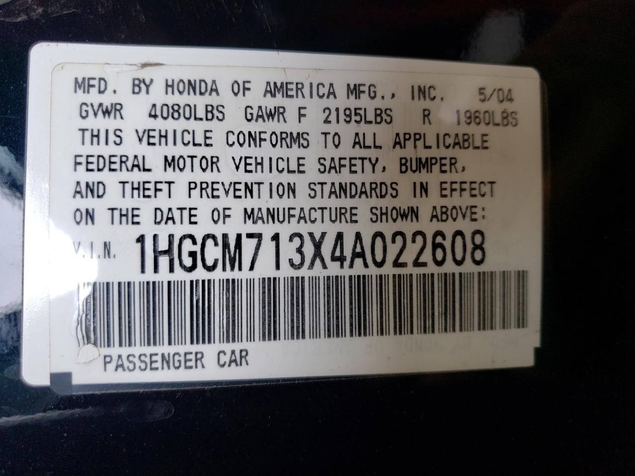 1HGCM713X4A022608 2004 Honda Accord Lx