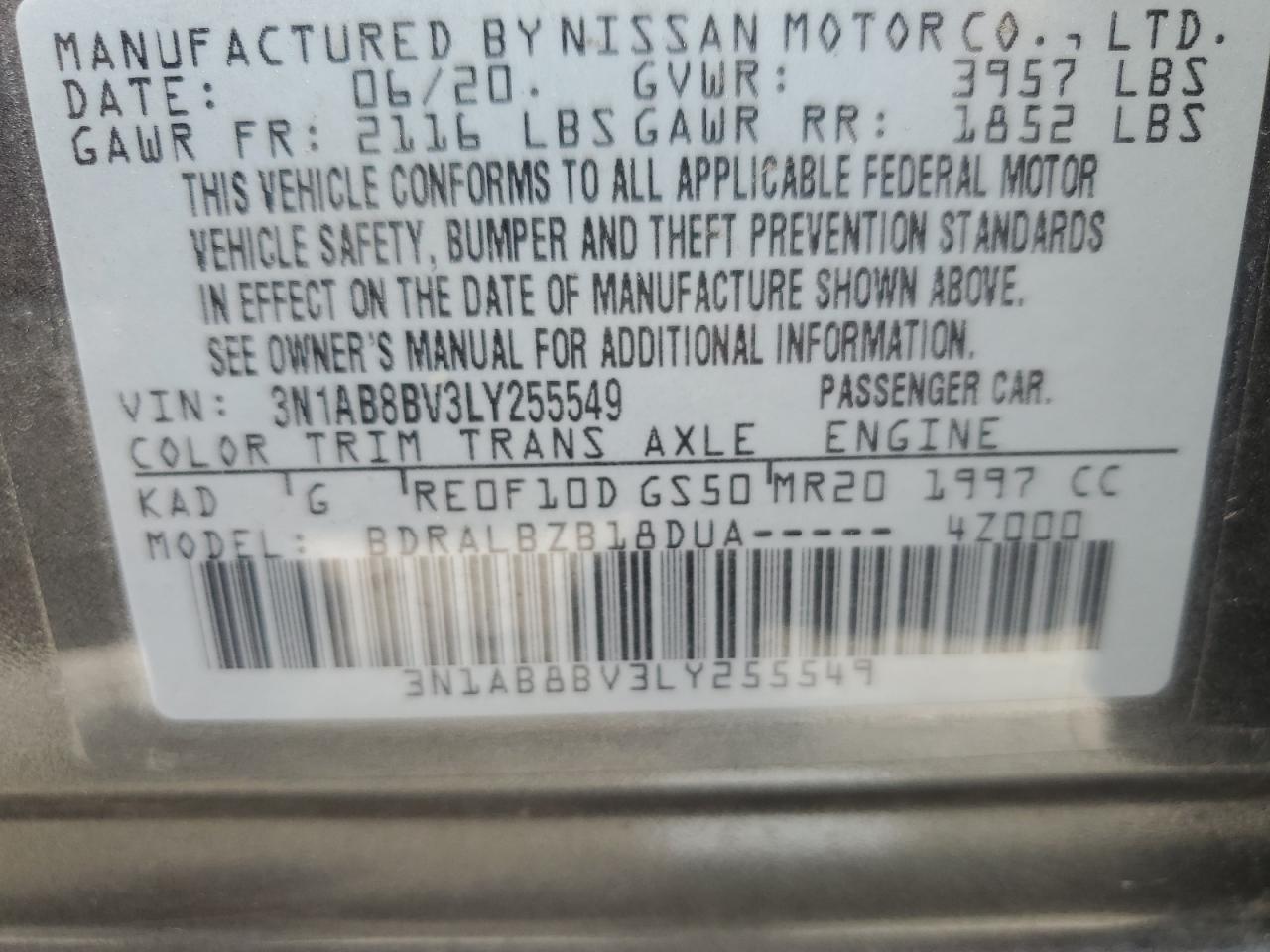 3N1AB8BV3LY255549 2020 Nissan Sentra S