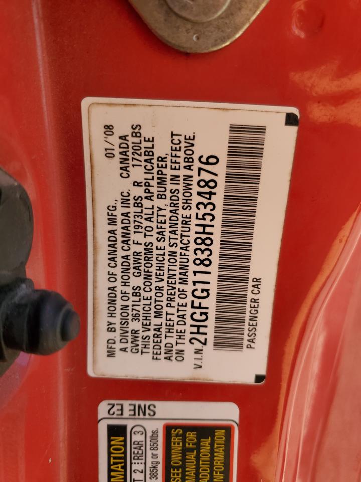 2HGFG11838H534876 2008 Honda Civic Ex