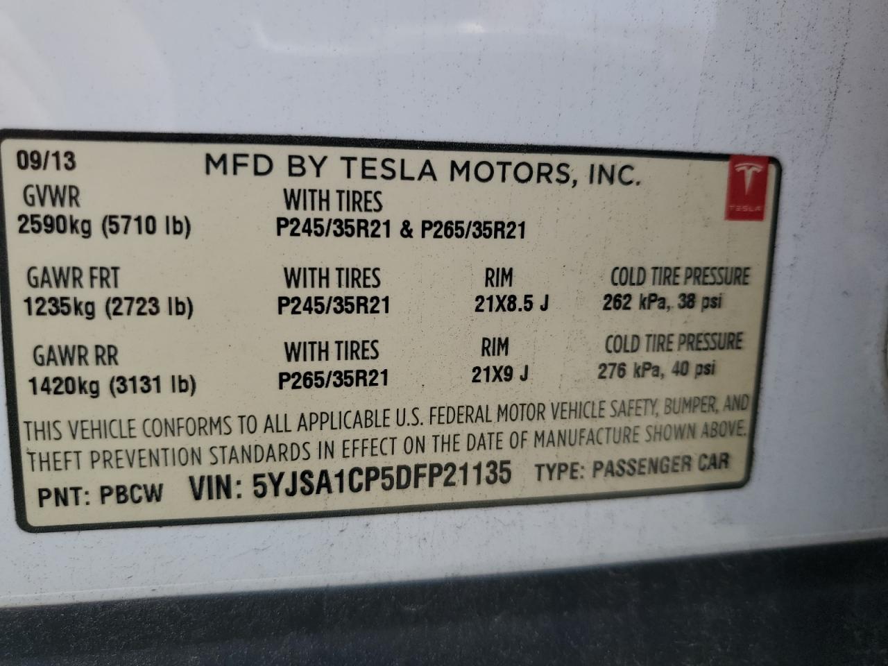 5YJSA1CP5DFP21135 2013 Tesla Model S