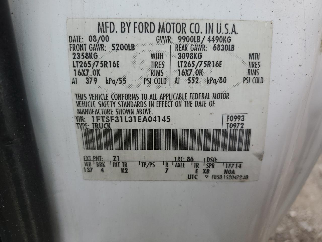 1FTSF31L31EA04145 2001 Ford F350 Srw Super Duty