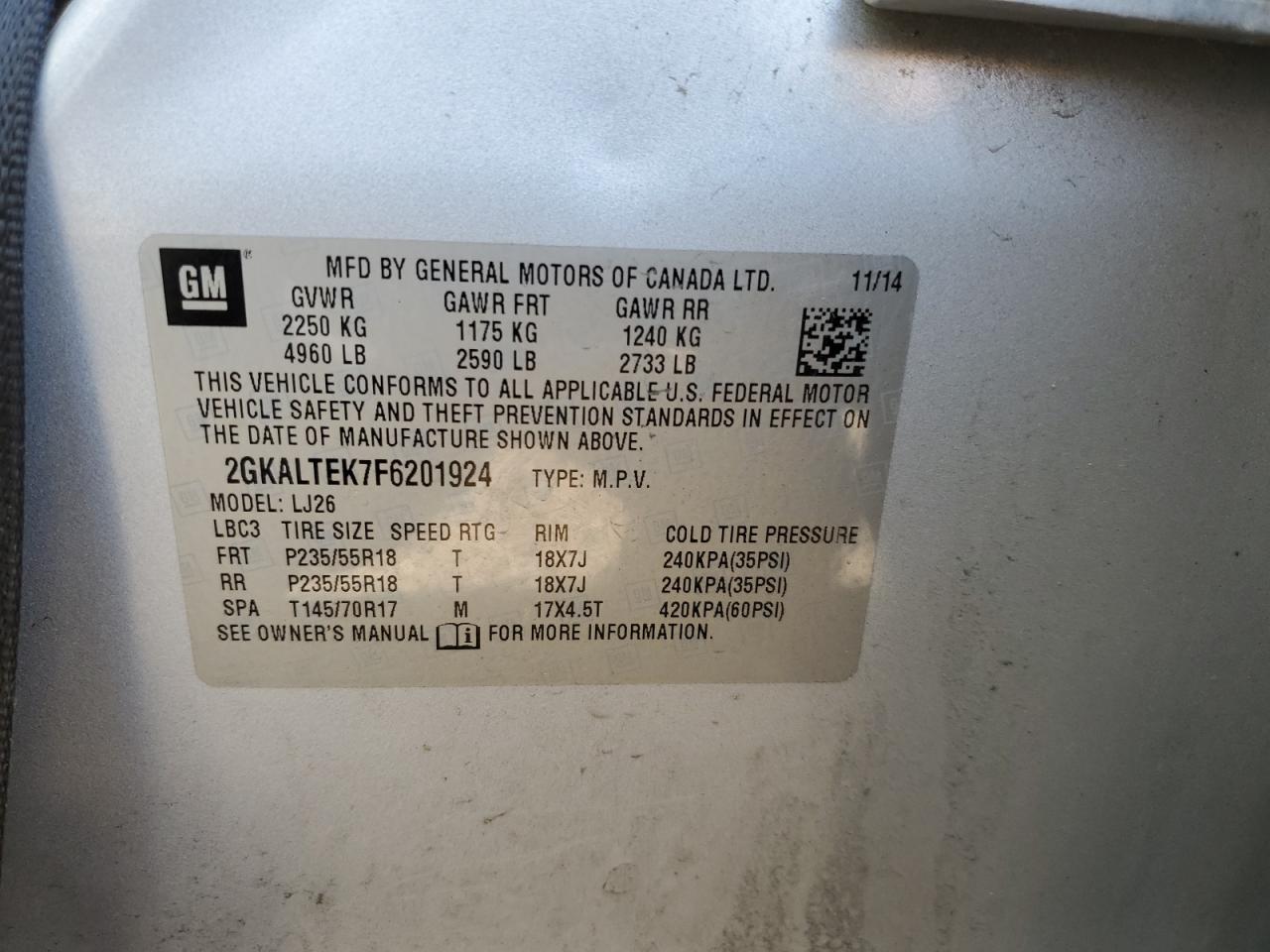 2GKALTEK7F6201924 2015 GMC Terrain Slt