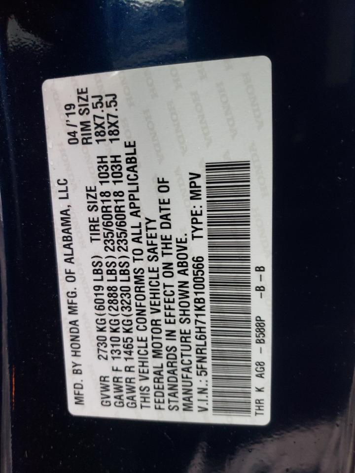 5FNRL6H71KB100566 2019 Honda Odyssey Exl