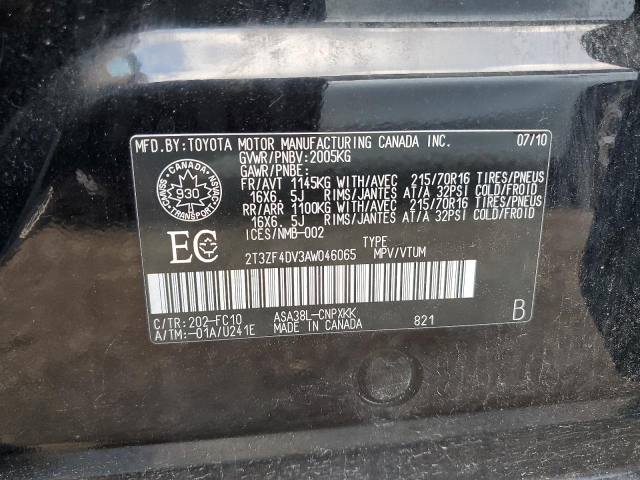 2T3ZF4DV3AW046065 2010 Toyota Rav4