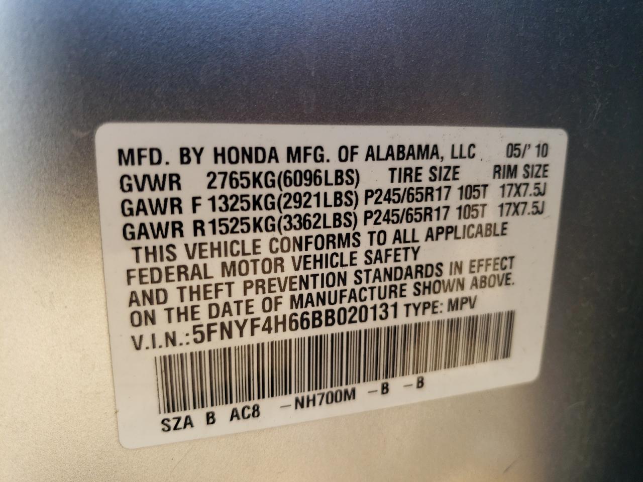 5FNYF4H66BB020131 2011 Honda Pilot Exl