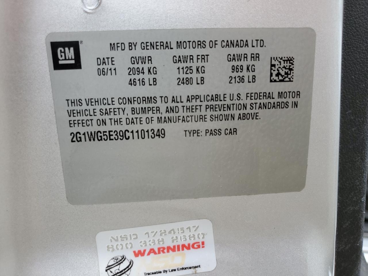 2G1WG5E39C1101349 2012 Chevrolet Impala Lt