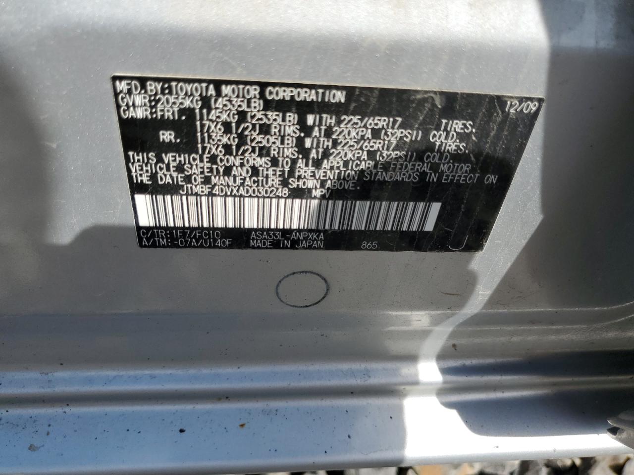 JTMBF4DVXAD030248 2010 Toyota Rav4