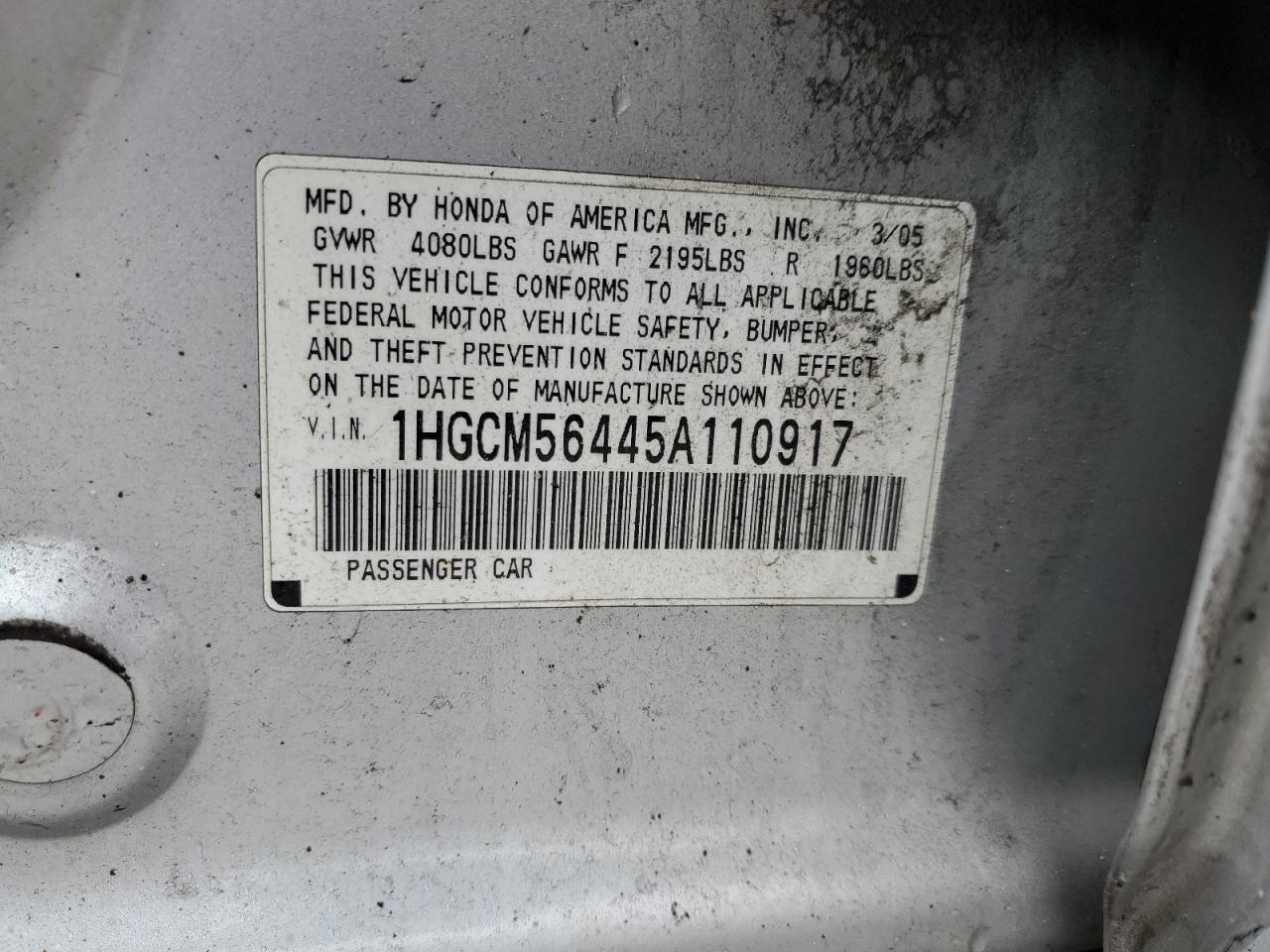 1HGCM56445A110917 2005 Honda Accord Lx