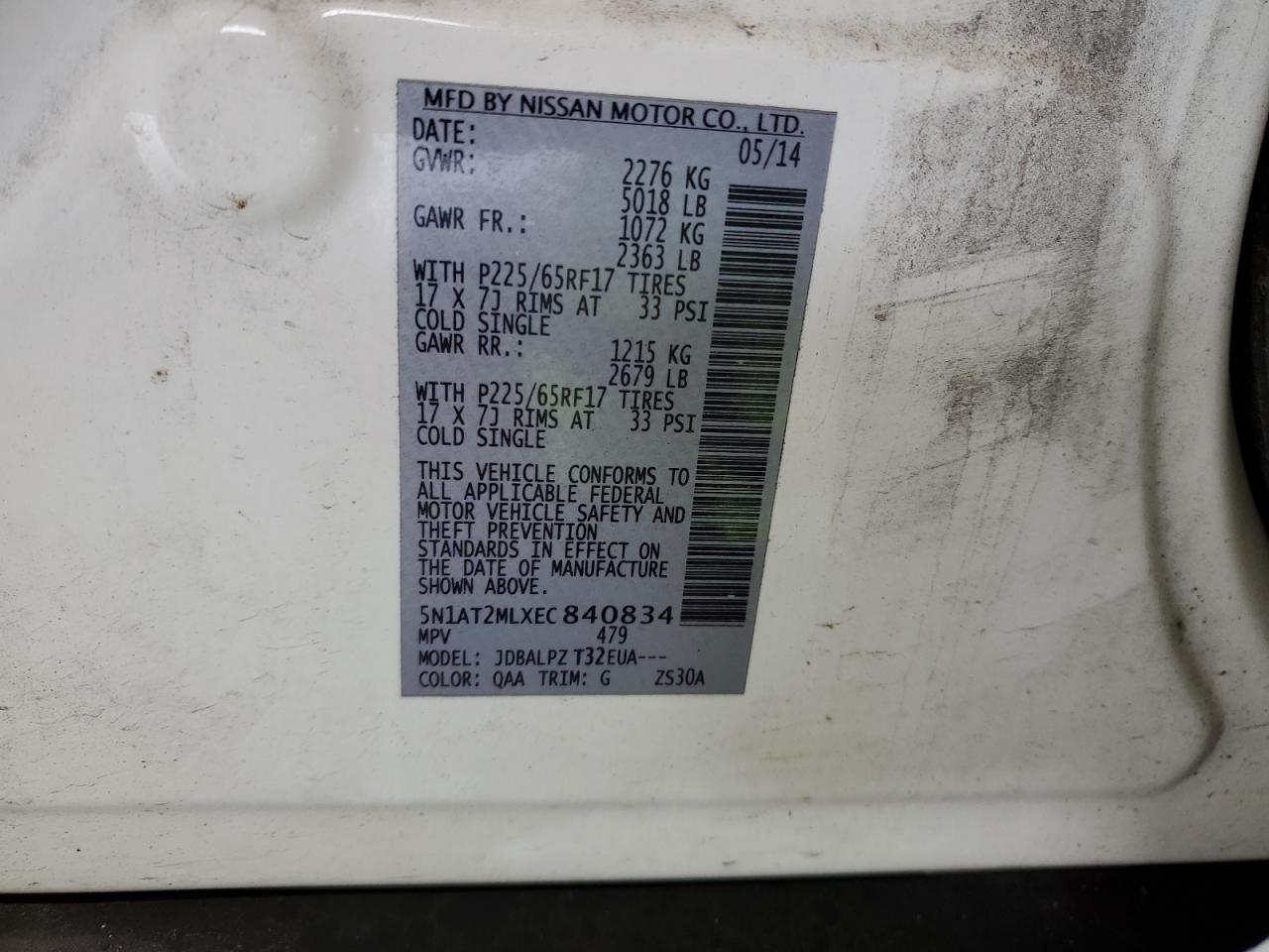 5N1AT2MLXEC840834 2014 Nissan Rogue S