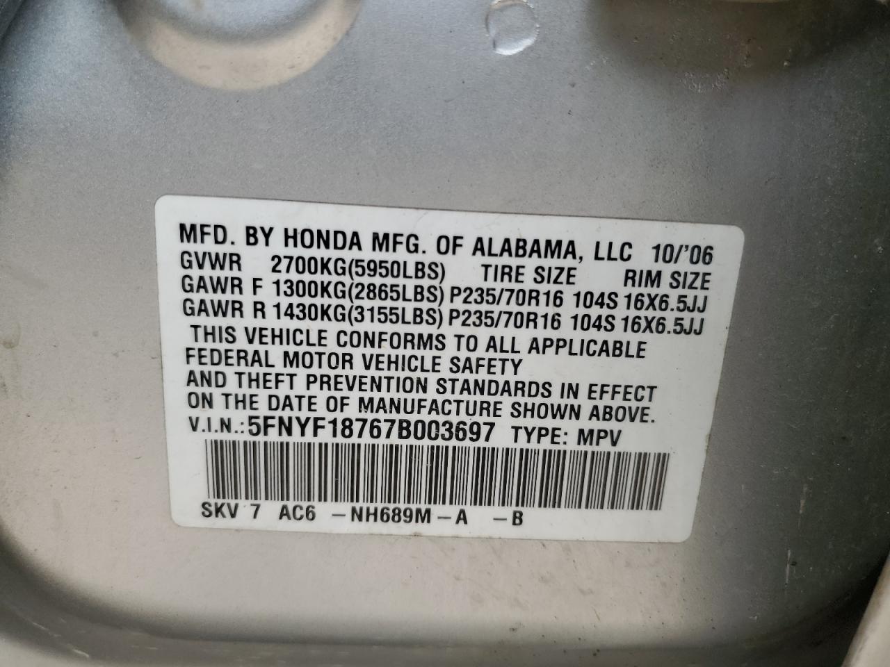 5FNYF18767B003697 2007 Honda Pilot Exl