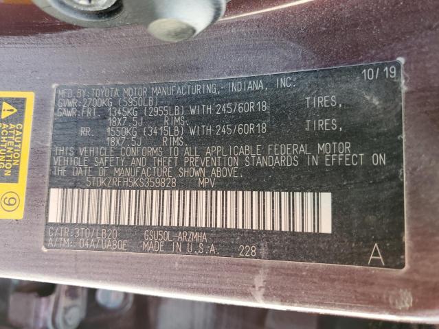 2019 Toyota Highlander Se VIN: 5TDKZRFH5KS359828 Lot: 53643664