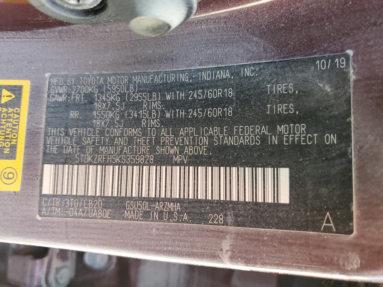 5TDKZRFH5KS359828 2019 Toyota Highlander Se