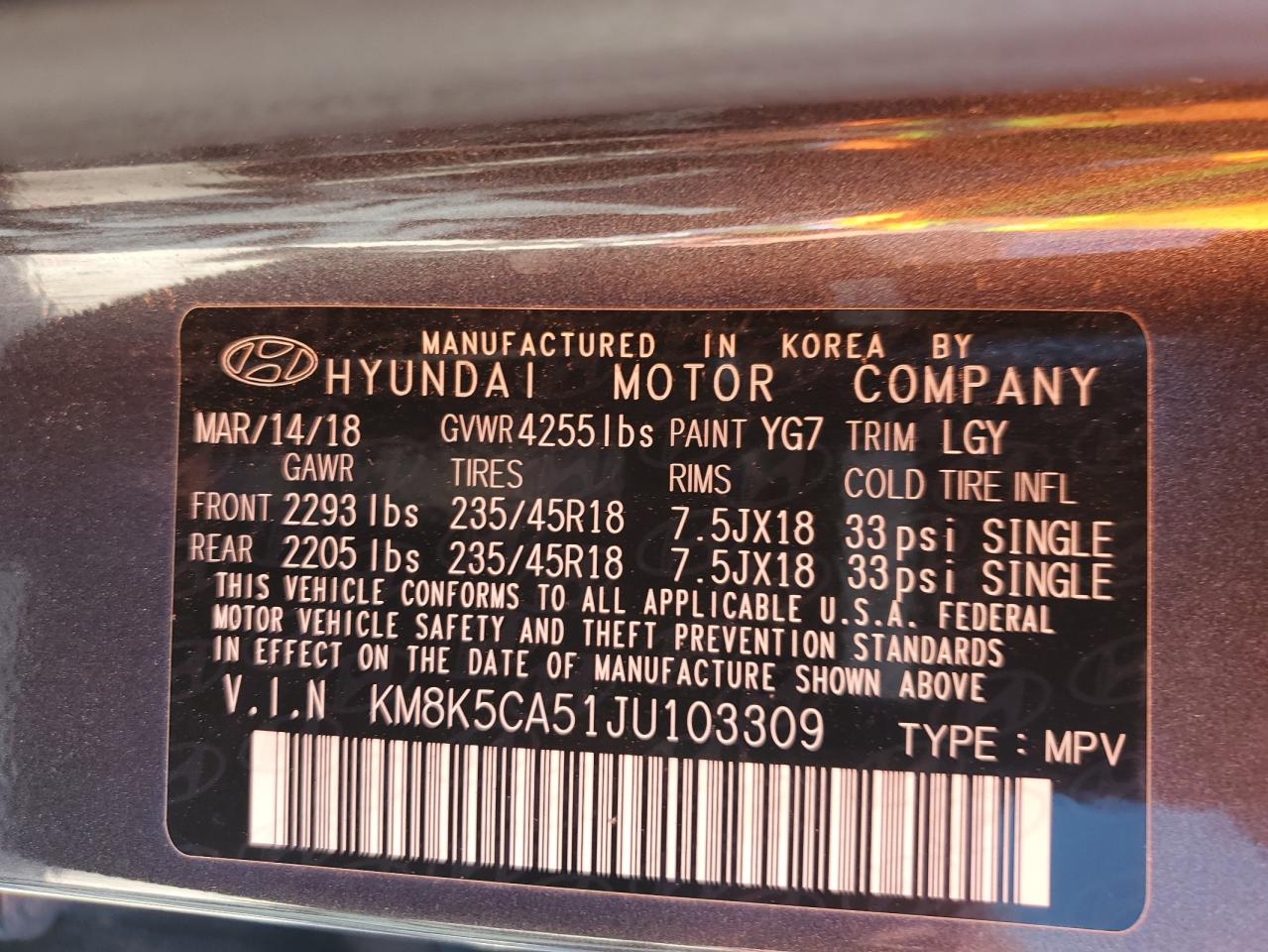 KM8K5CA51JU103309 2018 Hyundai Kona Ultimate