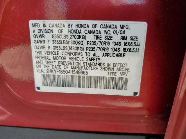 2004 Honda Pilot Exl VIN: 2HKYF18504H549665 Lot: 57424724