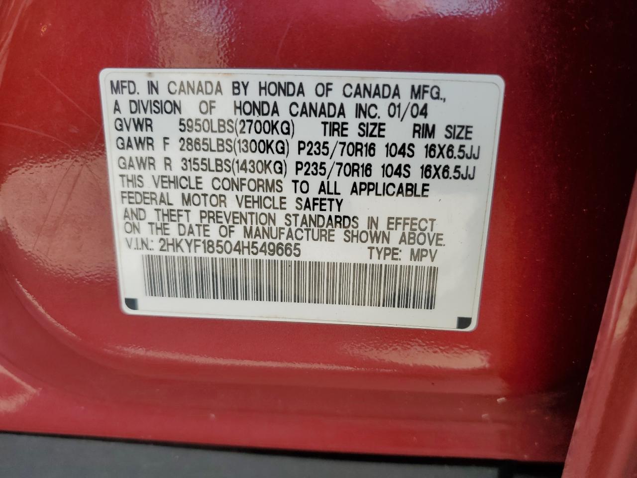 2HKYF18504H549665 2004 Honda Pilot Exl