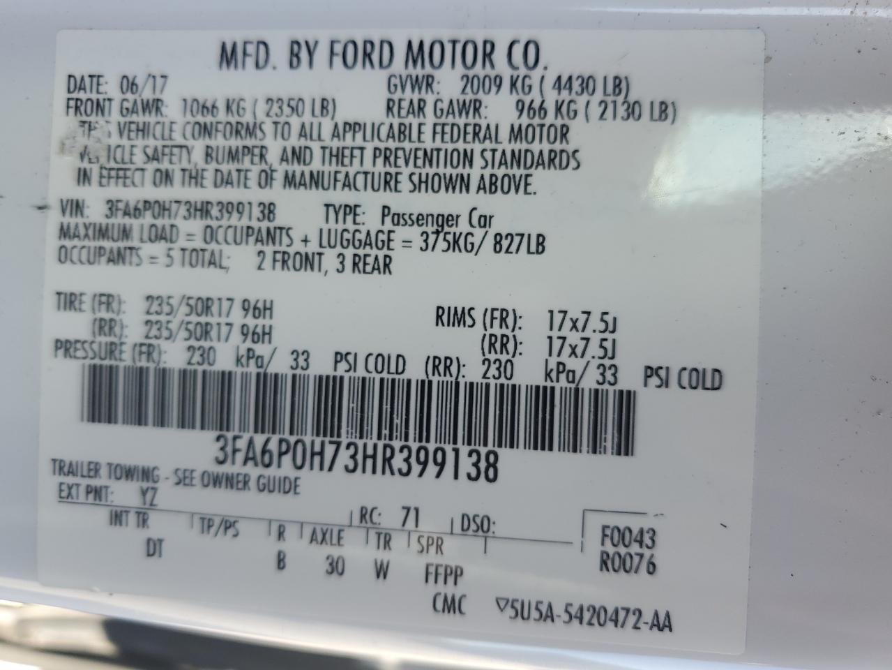 3FA6P0H73HR399138 2017 Ford Fusion Se