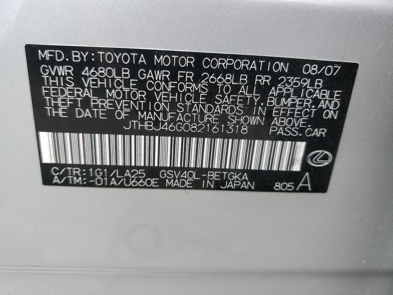 JTHBJ46G082161318 2008 Lexus Es 350
