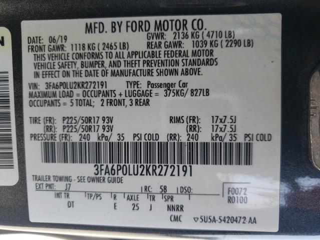 3FA6P0LU2KR272191 2019 FORD FUSION - Image 12