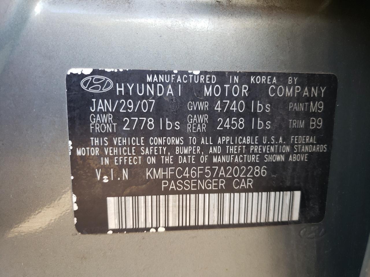 KMHFC46F57A202286 2007 Hyundai Azera Se