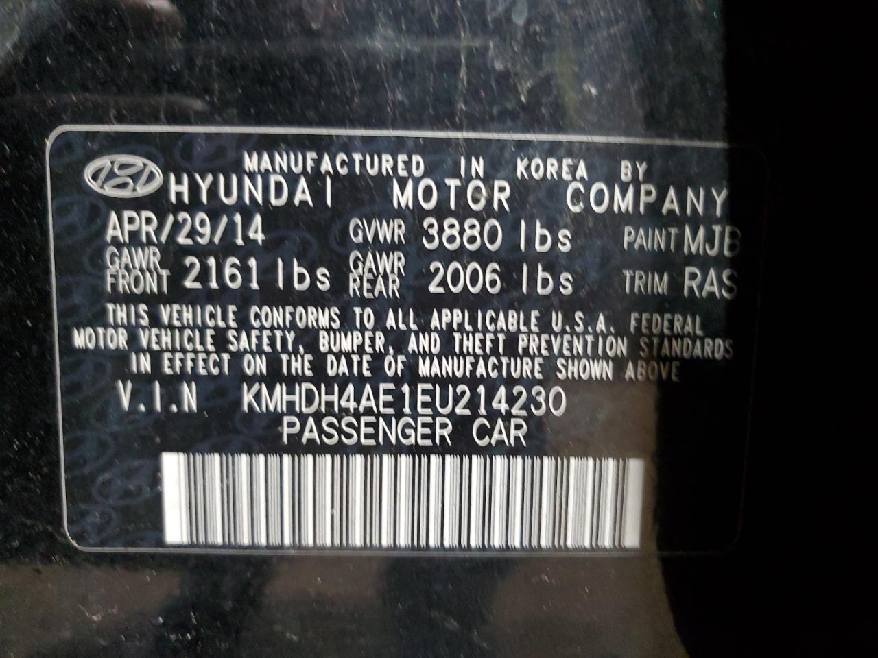 KMHDH4AE1EU214230 2014 Hyundai Elantra Se