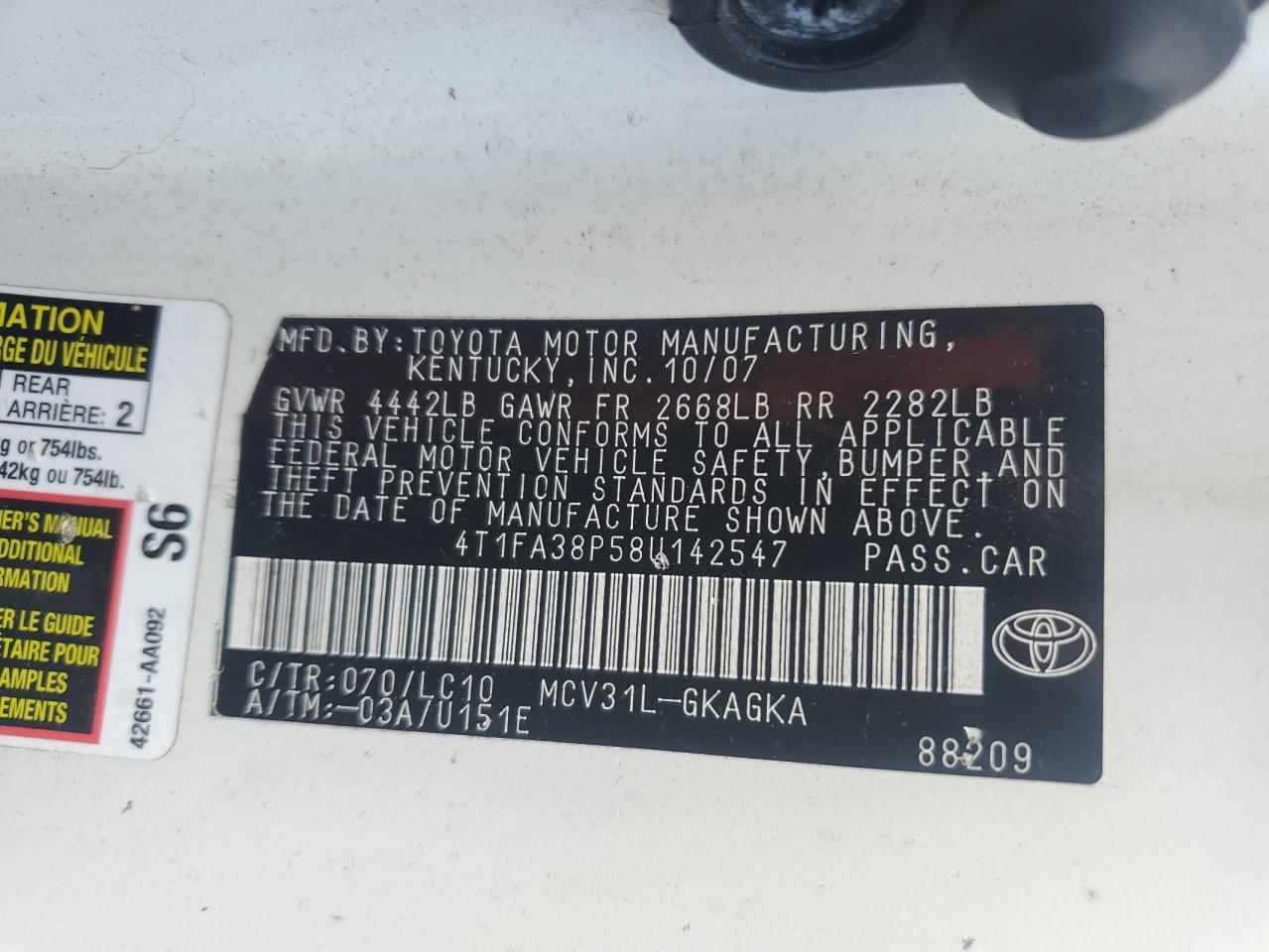 Lot #2505756106 2008 TOYOTA CAMRY SOLA