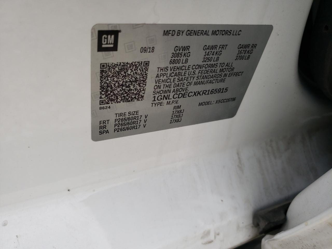 1GNLCDECXKR165915 2019 Chevrolet Tahoe Police