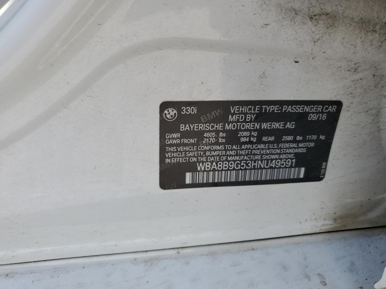 WBA8B9G53HNU49591 2017 BMW 330 I