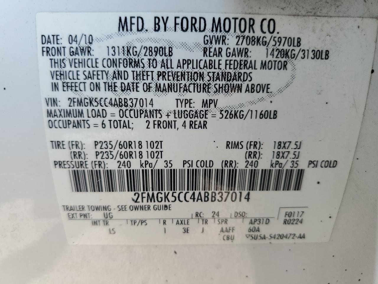 2FMGK5CC4ABB37014 2010 Ford Flex Sel