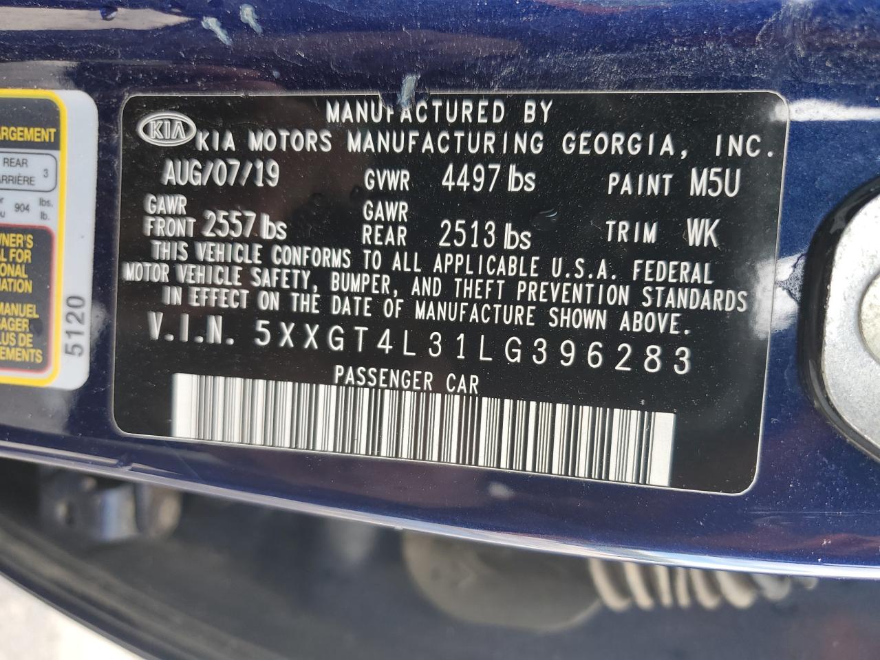 5XXGT4L31LG396283 2020 Kia Optima Lx