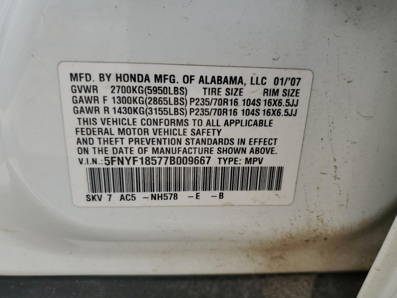 5FNYF18577B009667 2007 Honda Pilot Exl