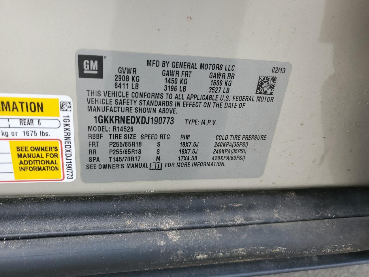 1GKKRNEDXDJ190773 2013 GMC Acadia Sle