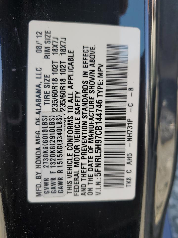 5FNRL5H97CB144746 2012 Honda Odyssey Touring