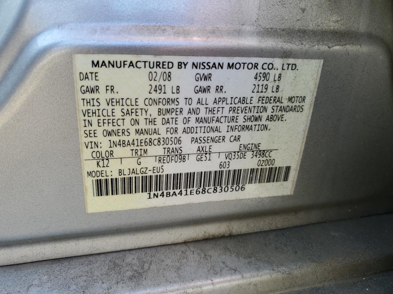 1N4BA41E68C830506 2008 Nissan Maxima Se