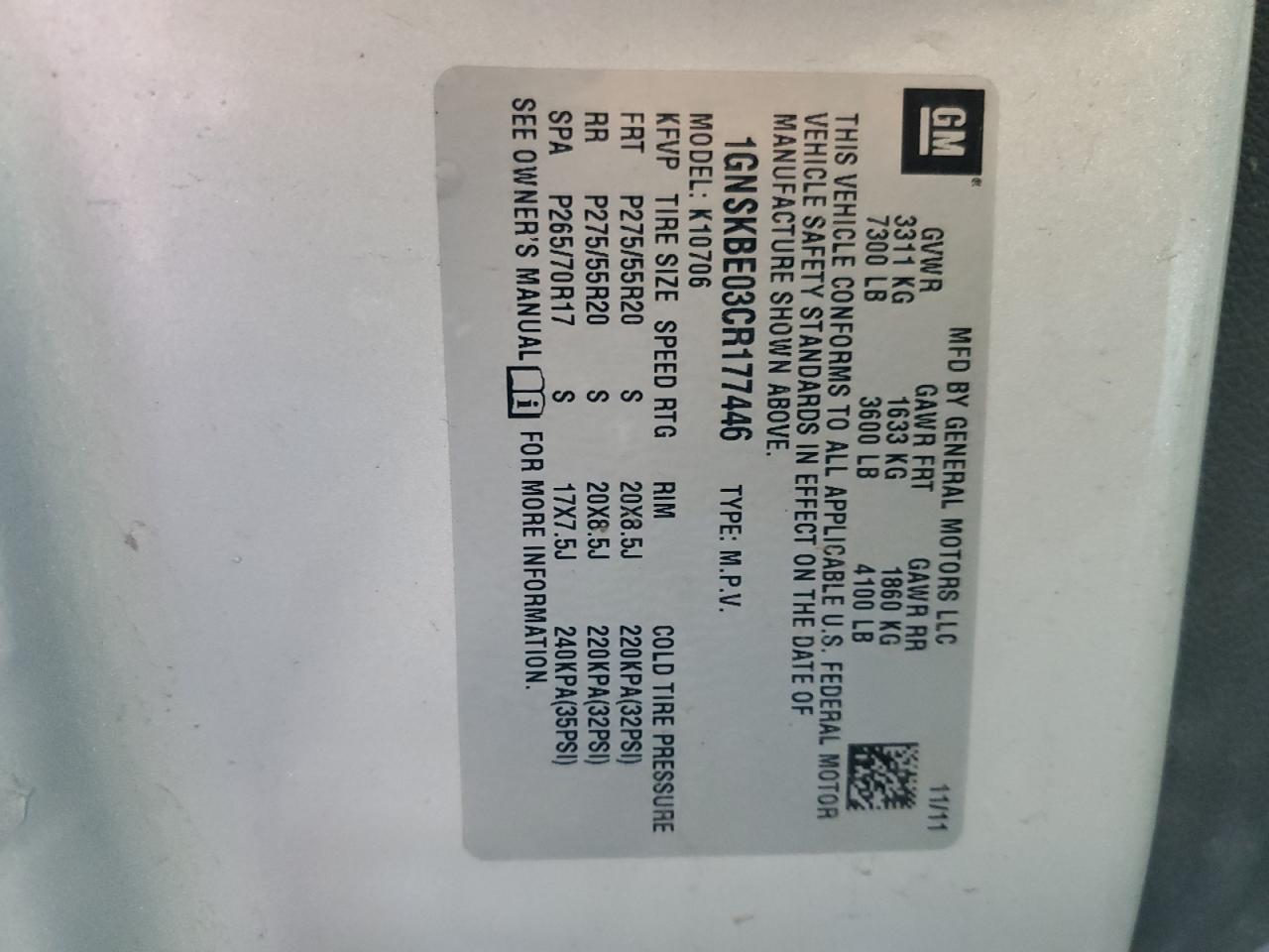 1GNSKBE03CR177446 2012 Chevrolet Tahoe K1500 Lt