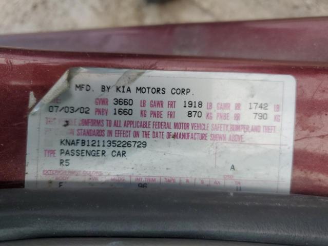 2003 Kia Spectra Base VIN: KNAFB121135226729 Lot: 53173364