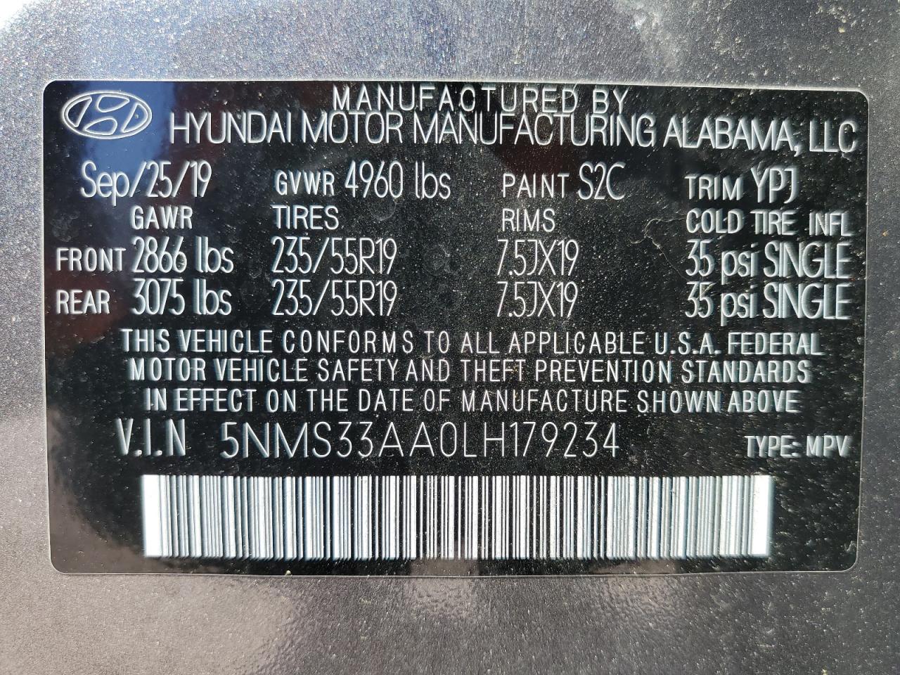 5NMS33AA0LH179234 2020 Hyundai Santa Fe Sel