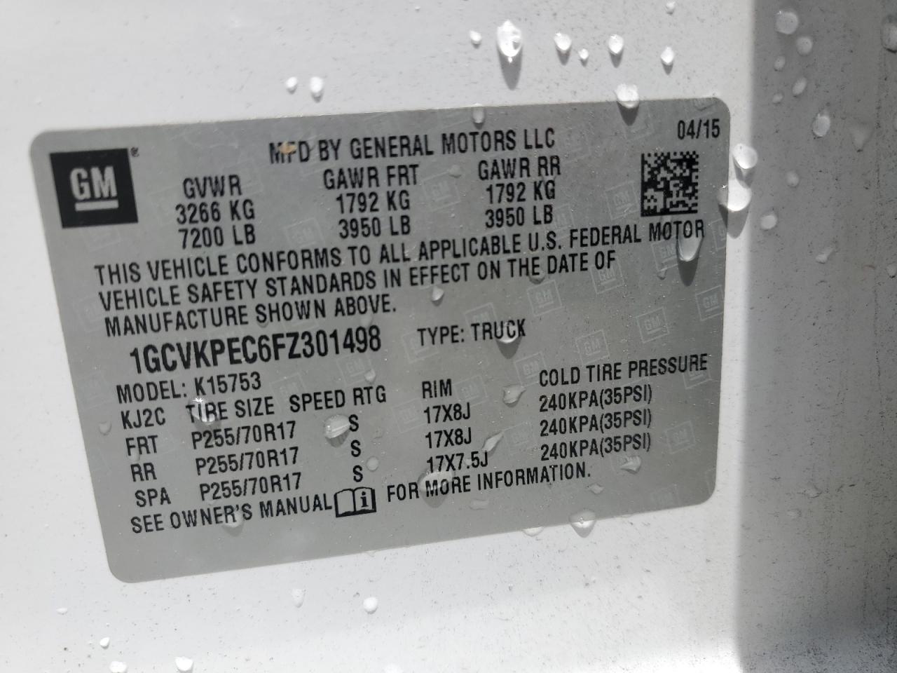 1GCVKPEC6FZ301498 2015 Chevrolet Silverado K1500