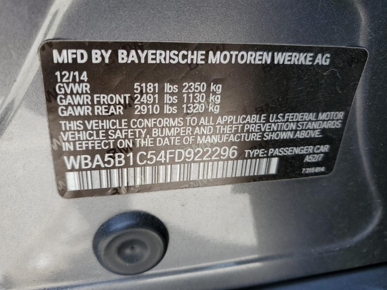 WBA5B1C54FD922296 2015 BMW 535 I