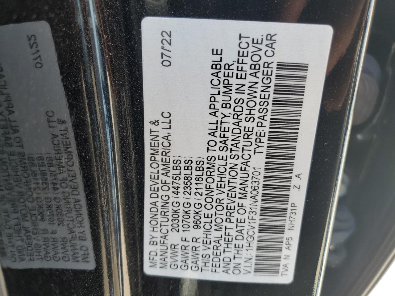 1HGCV1F31NA063701 2022 Honda Accord Sport