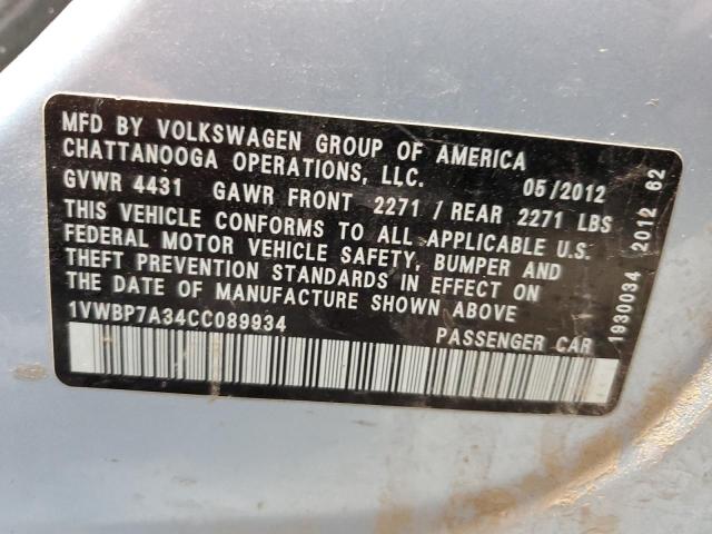 2012 Volkswagen Passat Se VIN: 1VWBP7A34CC089934 Lot: 54131264